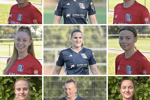 Collage von neun Spielerinnen in verschiedenen Trikots, sportlich posierend auf einem Fu&szlig;ballfeld.