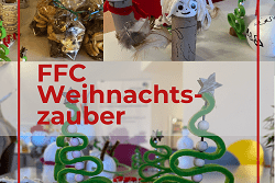 Tisch mit verschiedenen handgefertigten Weihnachtsdekorationen, darunter gr&uuml;ne Plastikb&auml;ume und Figuren.
