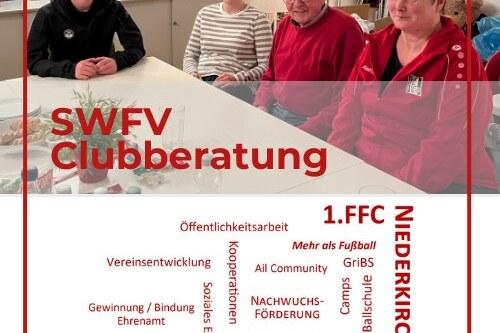 Personen sitzen an einem Tisch in einem Raum, umgeben von Gegenst&auml;nden, mit einem Schild "SWFV Clubberatung" im Vordergrund.