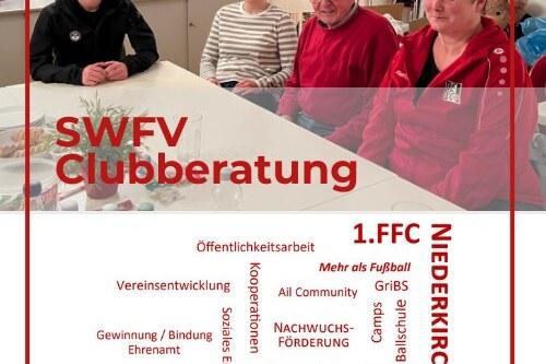 Personen sitzen an einem Tisch in einem Raum, umgeben von Gegenst&auml;nden, mit einem Schild "SWFV Clubberatung" im Vordergrund.