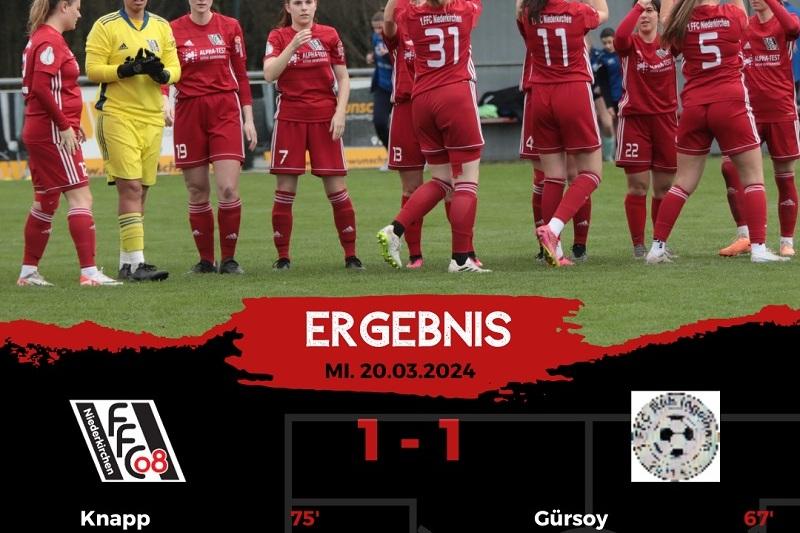 Frauenfu&szlig;ballmannschaft in roten Trikots im Kreis auf dem Platz, Ergebnis 1-1, Datum 20.03.2024.