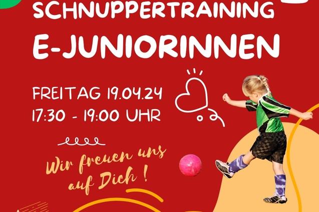 Plakat f&uuml;r Schnuppertraining der E-Juniorinnen am 19. April 2024, mit Datum, Uhrzeit und QR-Code.