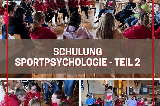 Gruppenveranstaltung zur Sportpsychologie mit Teilnehmern in roten Sweatshirts, die in einem Kreis zusammen sitzen.