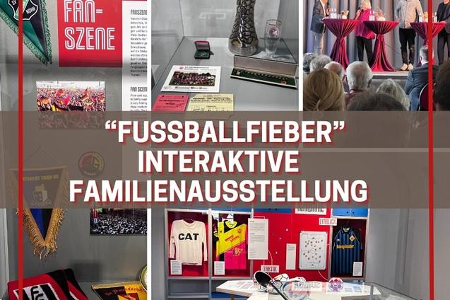 Interaktive Ausstellung &bdquo;Fussballfieber&ldquo; mit Fanartikeln, Troph&auml;en und Retro-Trikots an Pr&auml;sentationstischen.