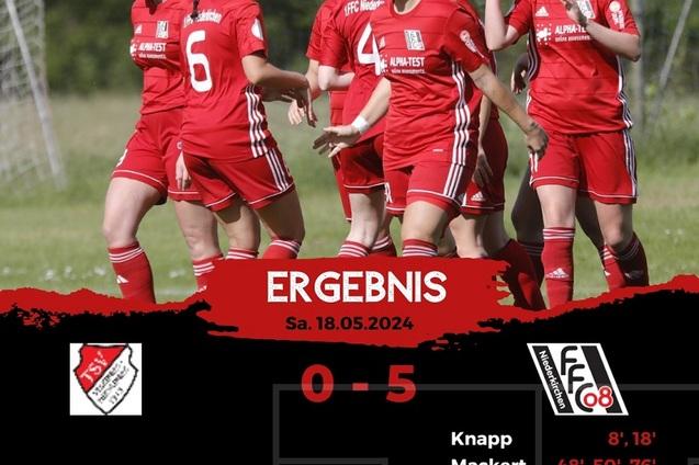 Frauenfu&szlig;ballmannschaft in roten Trikots feiert einen 5:0-Sieg, Ergebnis mit Torsch&uuml;tzen und Datum im Vordergrund.
