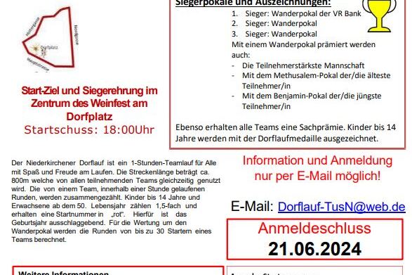 Anzeige f&uuml;r den 19. Niederkirchener Dorflauf am 28.06.2024, inklusive Informationen zu Ablauf und Anmeldung per E-Mail.