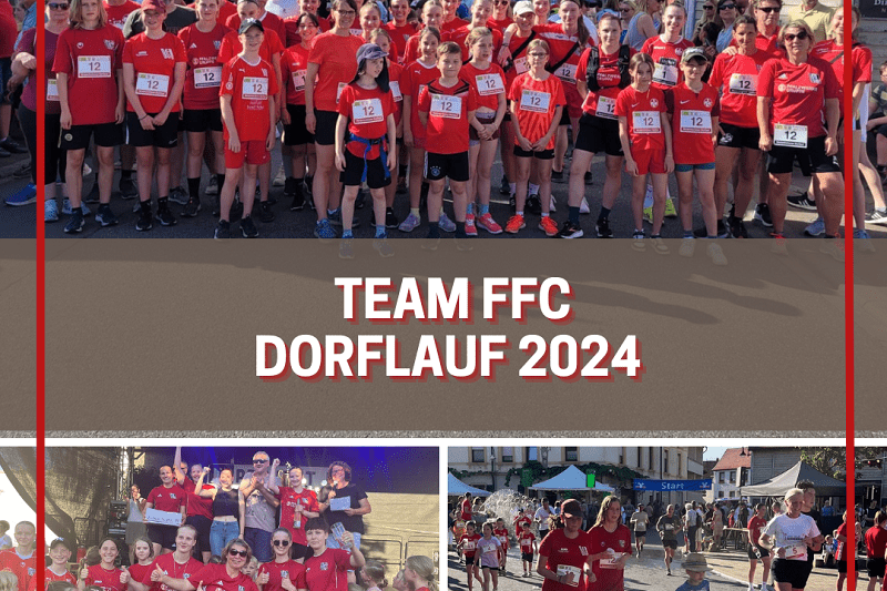 Gruppenfoto des Teams FFC beim Dorflauf 2024, in roten T-Shirts mit Startbanner im Hintergrund.
