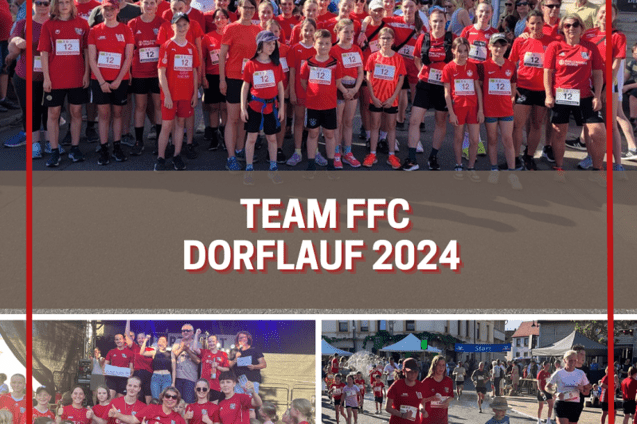 Gruppenfoto des Teams FFC beim Dorflauf 2024, in roten T-Shirts mit Startbanner im Hintergrund.