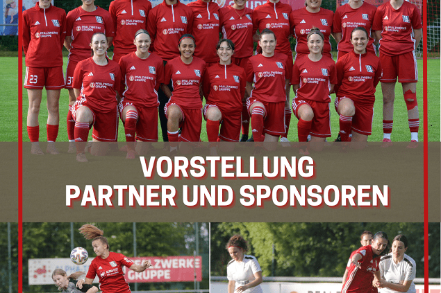 Teamfoto einer Frauenfu&szlig;ballmannschaft in roten Trikots, umgeben von Werbebannern und aktiven Spielszenen.