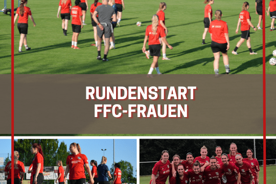 Frauenfu&szlig;ballteam trainiert auf dem Rasenfeld; darunter Gruppenfoto der Spielerinnen in roten Trikots.