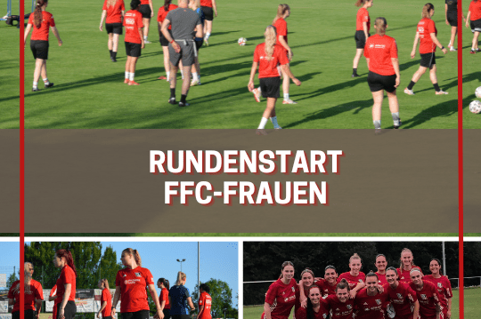 Frauenfu&szlig;ballteam trainiert auf dem Rasenfeld; darunter Gruppenfoto der Spielerinnen in roten Trikots.