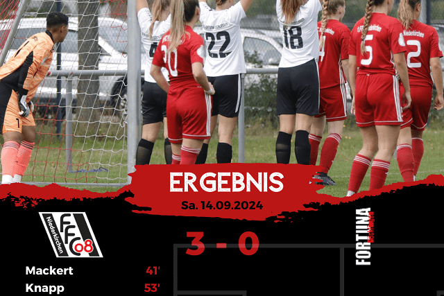 Spielszene mit Spielerinnen in Rot und Wei&szlig;, das Ergebnis steht: 3-0 f&uuml;r FF08 am 14.09.2024. Torsch&uuml;tzen sind Mackert, Knapp, Abdi.