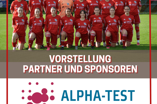 16 Frauenmannschaft in roten Trikots steht auf einem Fu&szlig;ballfeld, darunter ein Torwart in orange.