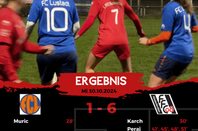 Spielszene eines Frauenfu&szlig;ballspiels mit Spielern in blauen und roten Trikots. Ergebnis: FC Lustadt 1 - 6 FFC 08.