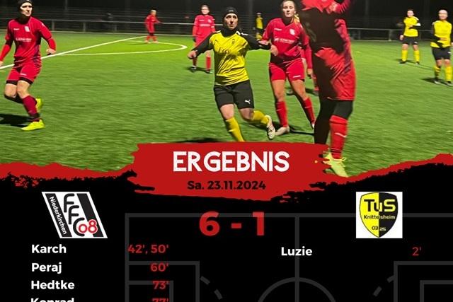Spielszene einer Fu&szlig;ballpartie mit Spielerinnen in rot und gelb, Ergebnis 6:1, Datum: 23.11.2024.