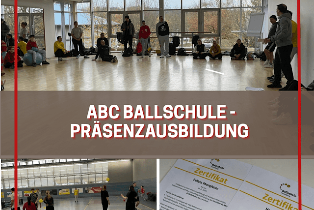 Gruppensitzung zur Pr&auml;senzbildung in der ABC Ballschule mit Teilnehmern in einem hellen Raum. Zertifikate im Vordergrund.