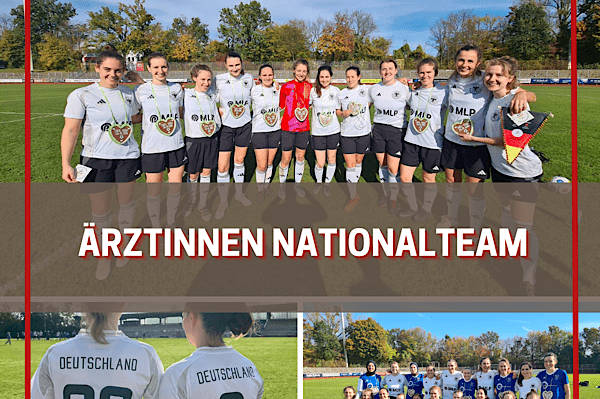 Gruppenfoto des &Auml;rztinnen-Nationalteams auf einem Fu&szlig;ballplatz, umgeben von B&auml;umen im Herbst.