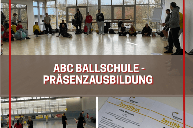 Gruppensitzung zur Pr&auml;senzbildung in der ABC Ballschule mit Teilnehmern in einem hellen Raum. Zertifikate im Vordergrund.