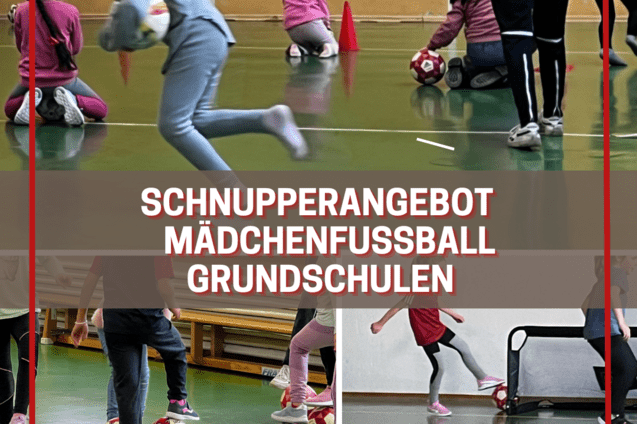 M&auml;dchen &uuml;ben mit Fu&szlig;ball auf gr&uuml;ner Sportfl&auml;che w&auml;hrend eines Schnupperangebots f&uuml;r Grundschulen.