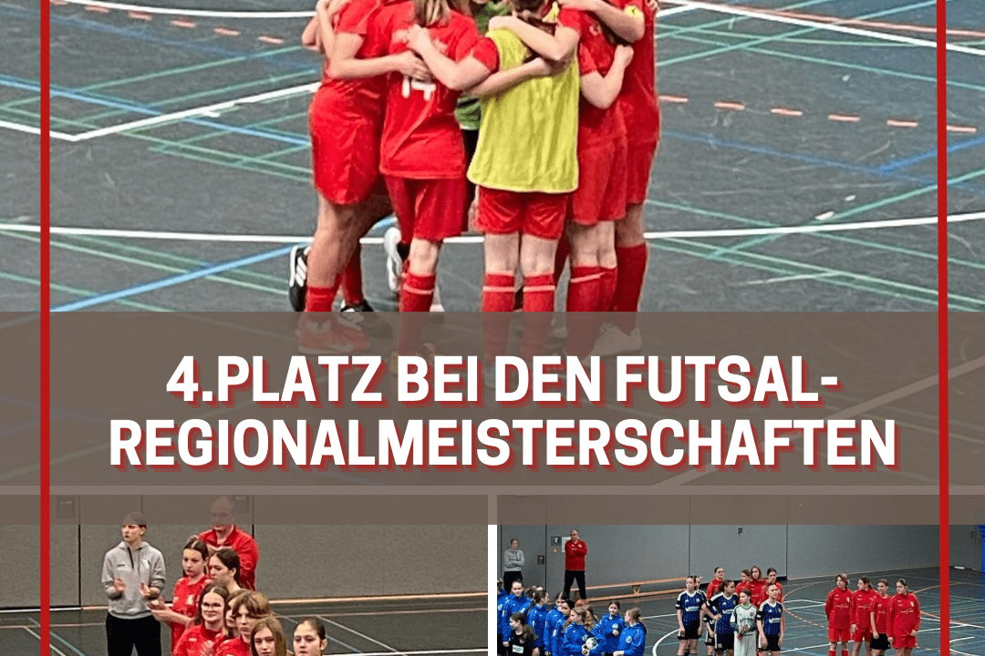 M&auml;dchenfu&szlig;ballmannschaft feiert ihren 4. Platz bei den Futsal-Regionalmeisterschaften in der Sporthalle.