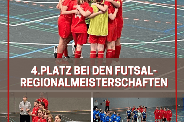M&auml;dchenfu&szlig;ballmannschaft feiert ihren 4. Platz bei den Futsal-Regionalmeisterschaften in der Sporthalle.