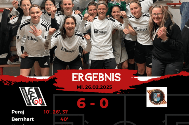 Feiernde Frauenmannschaft mit Siegestroph&auml;e in Umkleide, Ergebnis 6-0 gegen den Gegner, Datumsangabe 26.02.2025.
