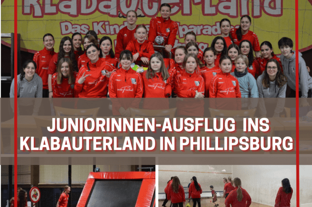 Gruppenfoto von M&auml;dchen in roten Jacken beim Ausflug ins Klabauterland in Phillipsburg, mit Trampolinen und Spielbereichen.