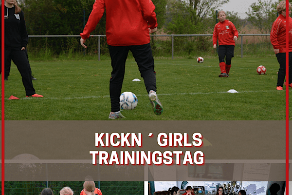 Mädchenfußballtraining auf dem Platz mit Spielerinnen in roten Trikots und Bällen, daneben eine Besprechung am Tisch.