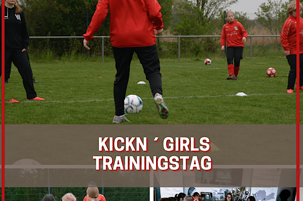 M&auml;dchenfu&szlig;balltraining auf dem Platz mit Spielerinnen in roten Trikots und B&auml;llen, daneben eine Besprechung am Tisch.