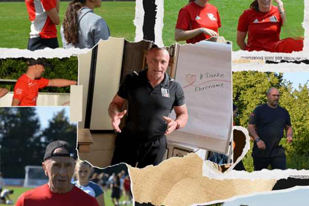 Zusammenschnitt von Sporttrainingsmomenten mit Spielern, Trainern und einer Flipchart mit Dankesbotschaft.