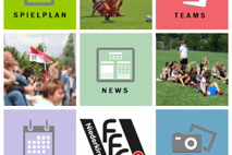 Bildschirmansicht einer App mit verschiedenen Feldern zu Fu&szlig;ball, Nachrichten, Terminen und einer Galerie.