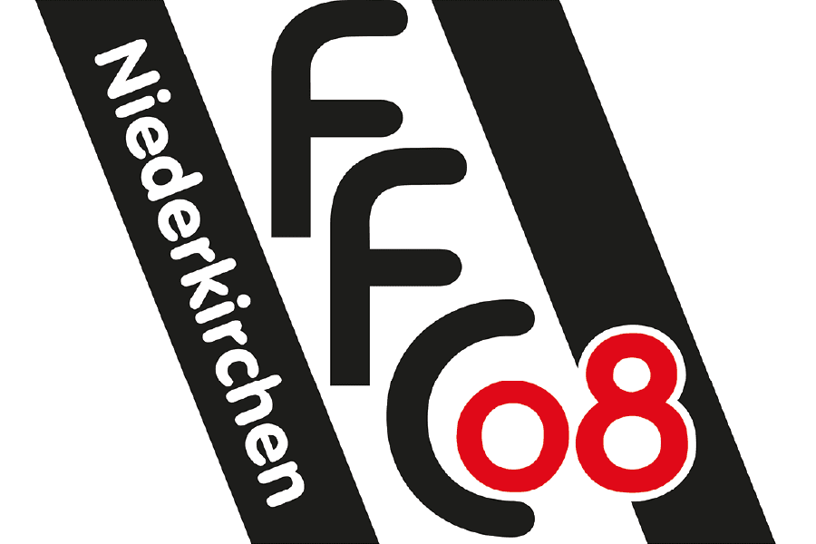 Logo des Fußballvereins FF Niederkirchen 08 in Schwarz, Weiß und Rot, mit stilisierten Buchstaben und Jahr.